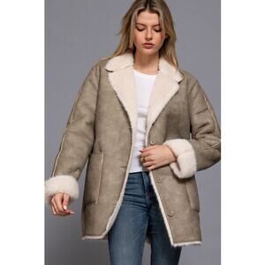 Size Small Taupe Lapel Collar Button Down Shearling Lined Faux Leather Coat